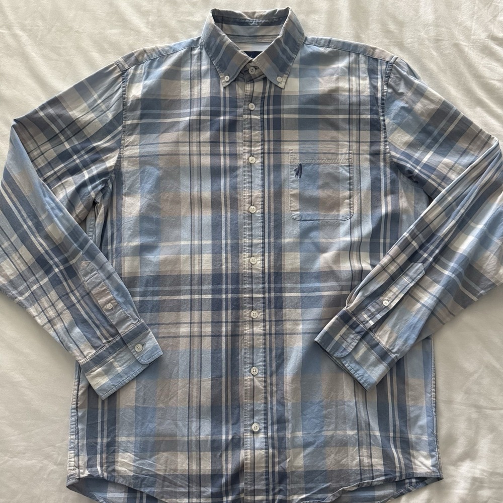 Johnnie-O Blue And White Check Plaid Print Button Down Sport Shirt Size L Cotton